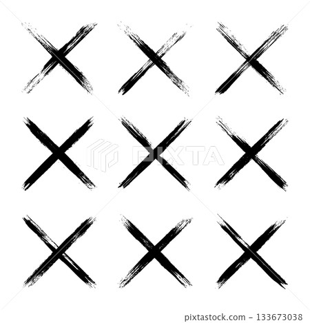 Grunge crosses, brush strokes, x mark, lines, ink smudges, hand-drawn scribble shapes. Handmade sketchy marks, acrylic stains, charcoal streaks. Paint textures, dry brush effect. Vector illustration 133673038