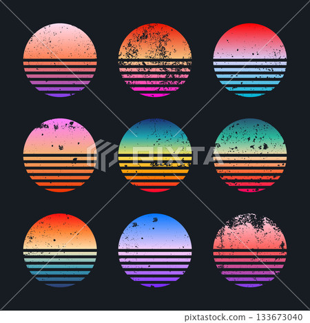 Grunge vintage colorful sunset. Striped gradient sunrise badges in 80s and 90s style. Sun and ocean view, summer vibes, surfing. Design element for print, logo or t-shirt. Vector illustration Grunge vintage colorful sunset. Striped gradient sunrise badges in 80s and 90s style. Sun and ocean view, summer vibes, surfing. Design element for print, logo or t-shirt. Vector illustration 133673040
