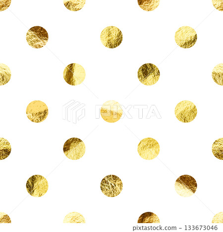 Gold foil seamless texture, shiny handmade circles. Golden glittering pattern. Shining hand drawn background. Wedding, greeting card decoration elements. Modern minimalist art. Vector illustration 133673046