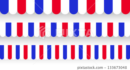 Shop sunshade. Realistic striped cafe awning. Outdoor market tent. Roof canopy in French flag colors. Summer street store. Vector illustration. 133673048