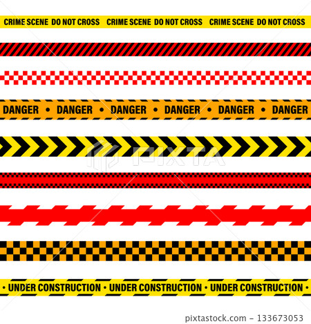 Barricade construction tape. Colorful police warning line, brightly colored danger or hazard stripe, ribbon. Restricted area, zone. Attention symbol. Vector illustration 133673053