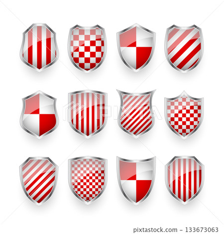 Glossy shields with red and black white. Security and protection concept. Cyber safety icons, internet privacy, web defense, digital data protection and antivirus themes. Vector illustration 133673063