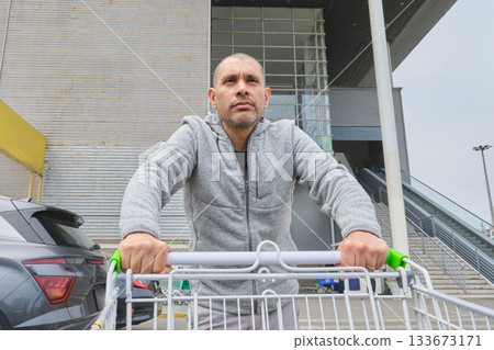 Man pushing shopping cart leaving supermarket parking Man pushing shopping cart leaving supermarket parking 133673171