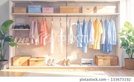 衣櫃裡整齊地擺放著衣服和收納盒，它們都掛在衣架上。 133673192
