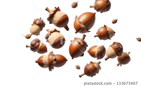 A cluster of acorns falling to the ground amidst late autumn leaves in a natural outdoor setting A cluster of acorns falling to the ground amidst late autumn leaves in a natural outdoor setting 133673407