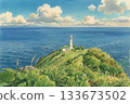 Scenery of the Sea of Japan coast with a lighthouse 133673502