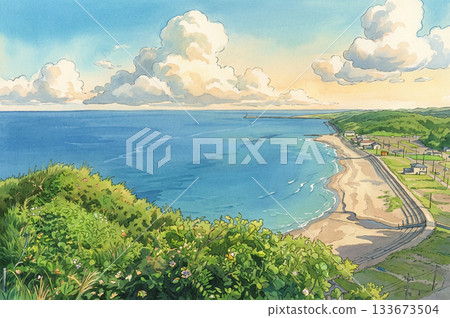 The horizon and the beach seen from the top of the hill 133673504