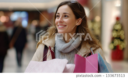 Happy Woman Carrying Christmas Gifts with Joyful Smile Shopping in Holiday Season Festive Mall Atmosphere Happy Woman Carrying Christmas Gifts with Joyful Smile Shopping in Holiday Season Festive Mall Atmosphere 133673513