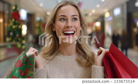 Happy Woman Carrying Christmas Gifts with Joyful Smile Shopping in Holiday Season Festive Mall Atmosphere 133673514