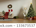 Holiday celebration cozy family room with festive Christmas decor. 3D render illustration 133673537