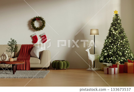 Holiday celebration cozy family room with festive Christmas decor. 3D render illustration Holiday celebration cozy family room with festive Christmas decor. 3D render illustration 133673537