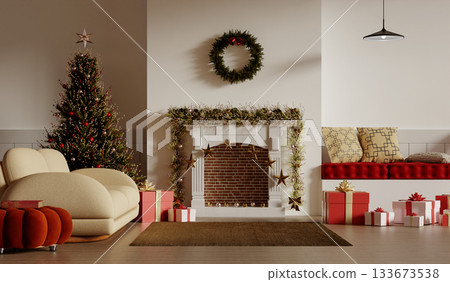 Holiday celebration welcoming living space with Christmas decorations. 3D render illustration Holiday celebration welcoming living space with Christmas decorations. 3D render illustration 133673538