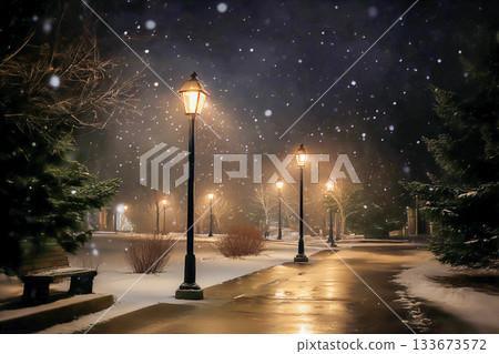 Christmas Night Scene with Warm Glowing Street Lamps and Soft Falling Snow in a Cozy Winter City Street 133673572