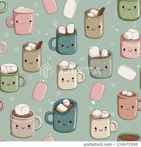 Seamless pattern with cute cartoon coffee cups and marshmallows Seamless pattern with cute cartoon coffee cups and marshmallows 133673598