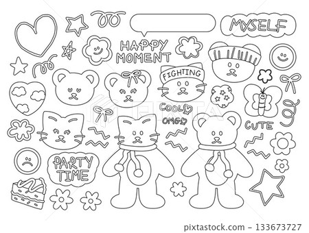 Cute outlines of teddy bear and cat with winter scarf, headband, butterfly, ribbon for animal, sticker, cartoon characters, comic, mascot, sport, festive icon, happy moment, kid colouring book, sketch Cute outlines of teddy bear and cat with winter scarf, headband, butterfly, ribbon for animal, sticker, cartoon characters, comic, mascot, sport, festive icon, happy moment, kid colouring book, sketch 133673727