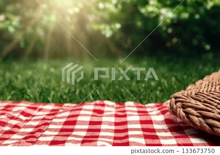 Picnic blanket on green grass during sunny day. Banner design with space for text Picnic blanket on green grass during sunny day. Banner design with space for text 133673750