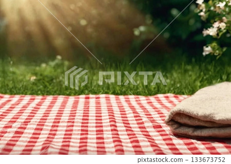 Picnic blanket on green grass during sunny day. Banner design with space for text Picnic blanket on green grass during sunny day. Banner design with space for text 133673752