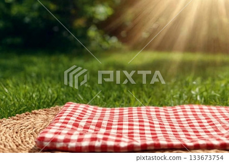 Picnic blanket on green grass during sunny day. Banner design with space for text 133673754