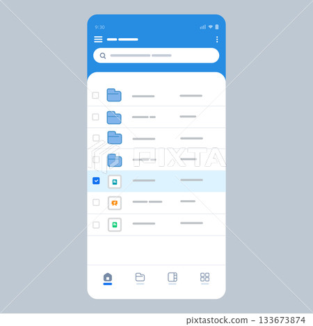 Vector illustration of mobile phone application interface for file management and cloud storage service showing folders documents screen layout Vector illustration of mobile phone application interface for file management and cloud storage service showing folders documents screen layout 133673874