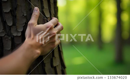 A hand touching a tree trunk represents the commitment to climate action and sustainable agriculture for a healthier Earth A hand touching a tree trunk represents the commitment to climate action and sustainable agriculture for a healthier Earth 133674020