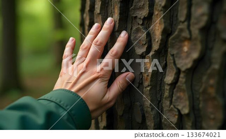 A hand on a tree trunk emphasizes the need for reforestation and protecting our planet's natural ecosystems A hand on a tree trunk emphasizes the need for reforestation and protecting our planet's natural ecosystems 133674021