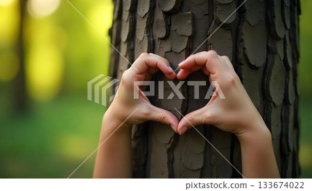Hands forming a heart shape on a tree trunk, symbolizing love for forests and commitment to environmental conservation Hands forming a heart shape on a tree trunk, symbolizing love for forests and commitment to environmental conservation 133674022