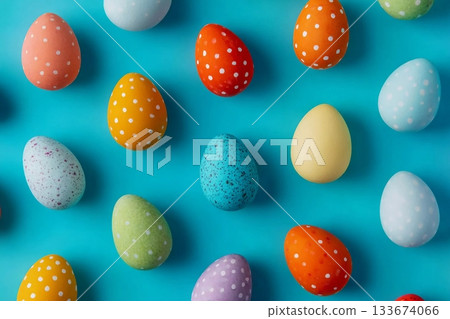 Colorful pattern composition made of various colored Easter eggs on light blue background. Minimal Easter concept. Creative festive spring holiday backdrop. Easter aesthetic. Flat lay, top of view. Colorful pattern composition made of various colored Easter eggs on light blue background. Minimal Easter concept. Creative festive spring holiday backdrop. Easter aesthetic. Flat lay, top of view. 133674066