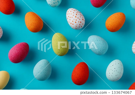Colorful pattern composition made of various colored Easter eggs on light blue background. Minimal Easter concept. Creative festive spring holiday backdrop. Easter aesthetic. Flat lay, top of view. 133674067