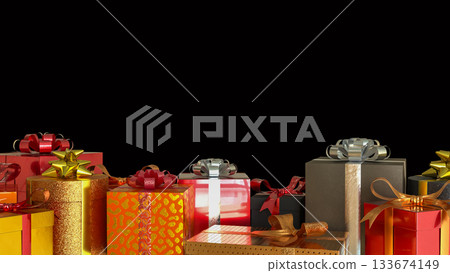 Luxury Gift Boxes with Golden and Red Ribbons 3d render. 133674149