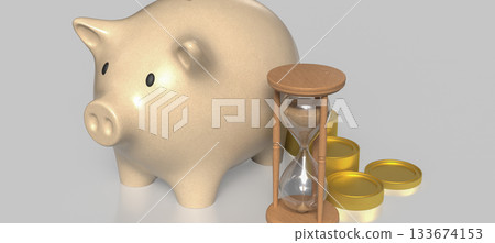 Piggy Bank with Hourglass and Gold Coins 3d render. 133674153