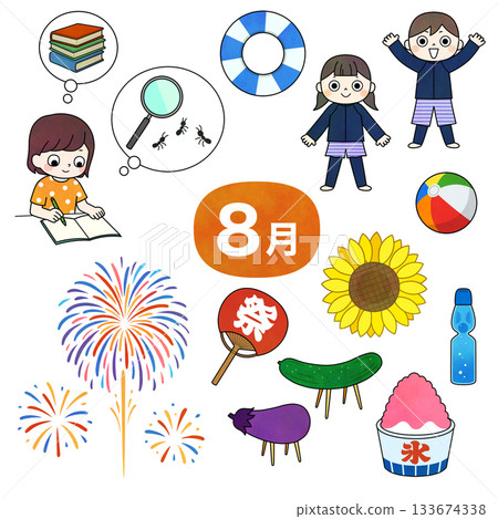 August summer vacation illustration set August summer vacation illustration set 133674338