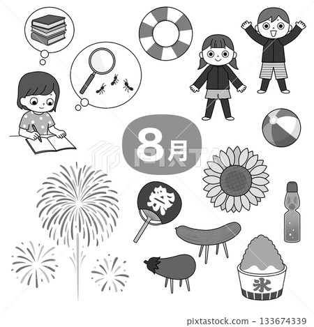 August summer vacation monochrome illustration set August summer vacation monochrome illustration set 133674339