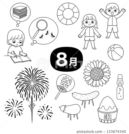 August summer vacation black and white line drawing illustration set 133674340