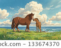 Tsugaru Strait and a landscape with a mother and baby Kandachi horse 133674370