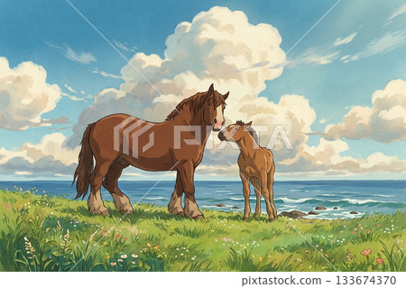 Tsugaru Strait and a landscape with a mother and baby Kandachi horse 133674370