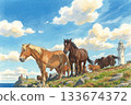 A horse standing on a hill by the sea, with the sea and lighthouse visible in the distance 133674372