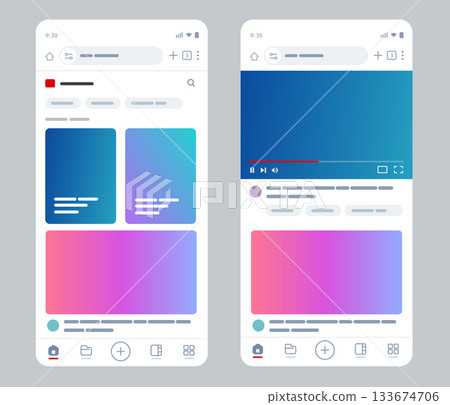 Mobile social media application interface displaying video feed thumbnails and player screen section vector illustration vlog streaming platform or content creator app design 133674706