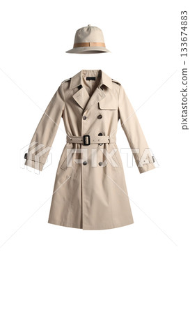 一件風衣漂浮在空中，展現出一種極簡主義的寧靜。 133674883