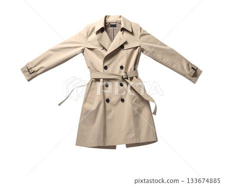 一件風衣漂浮在空中，展現出一種極簡主義的寧靜。 133674885