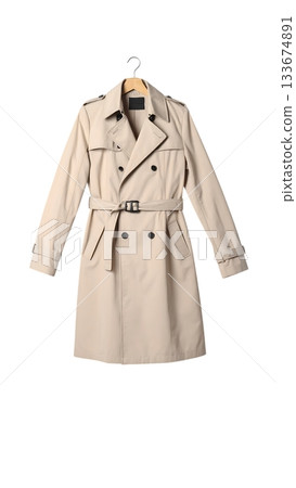 一件風衣漂浮在空中，展現出一種極簡主義的寧靜。 133674891