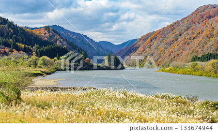 Mogami River, a spectacular late autumn view, Yamagata Prefecture 133674944