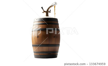 A wooden barrel on a metal stand, capturing the spirit of Oktoberfest, with transparent background A wooden barrel on a metal stand, capturing the spirit of Oktoberfest, with transparent background 133674959