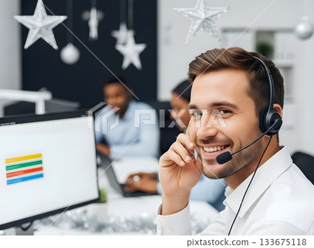 Smiling customer support agent in festive office setting 133675118