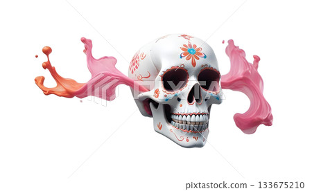 Festive sugar skull with vivid decorations, honoring Day of the Dead, alongside traditional marigold flowers Festive sugar skull with vivid decorations, honoring Day of the Dead, alongside traditional marigold flowers 133675210