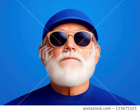 Portrait of a senior man with sunglasses and a blue background. 133675325