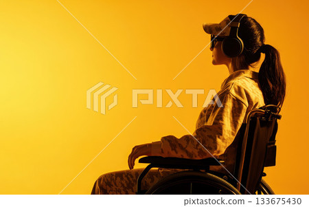 A woman in military uniform sits in a wheelchair against an orange background. 133675430