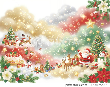 閃亮的聖誕奇幻背景：聖誕老人和冬季活動素材 133675566