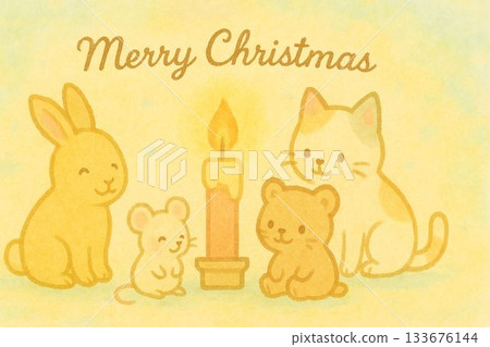 圖畫書風格，動物們圍著蠟燭聚集在一起。 133676144