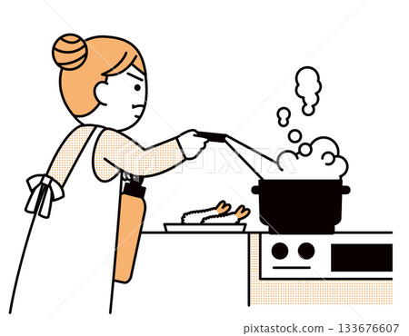 A woman extinguishing a stove with a fire extinguisher A woman extinguishing a stove with a fire extinguisher 133676607