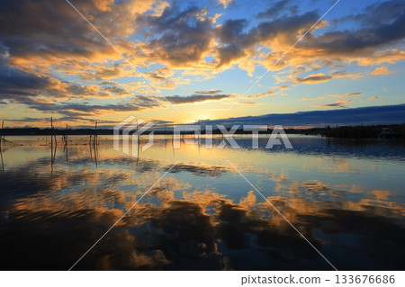 Asahi reflected on the surface of the water 133676686